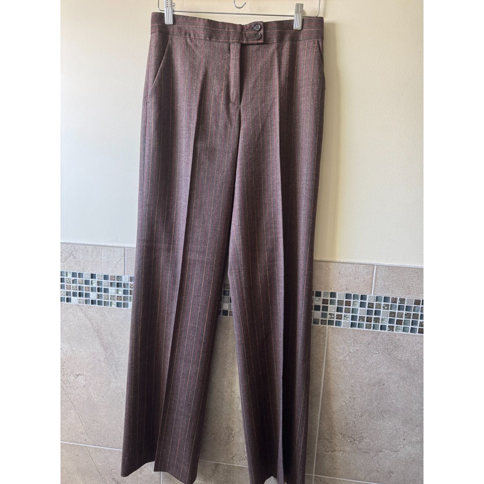 Etro Women's Chocolate Brown Wool Pinstripe Dress Pants Sz 6/It 42